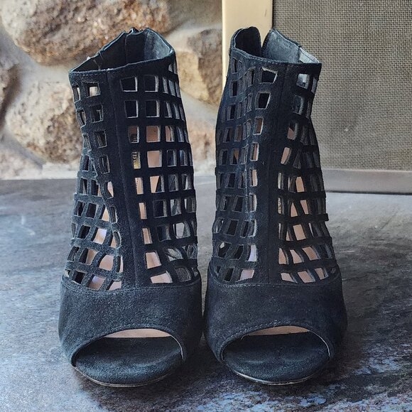 Audrey Brooke “Marseille” Black Suede Open Toe Gladiator Heels Bootie Size 8.5M - Picture 9 of 16